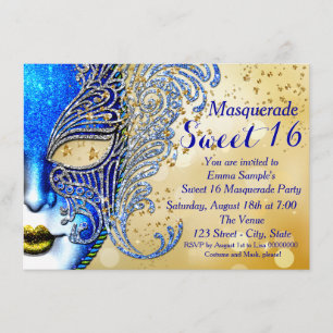 Royal Blue and Gold Sweet 16 Masquerade Party Invitation