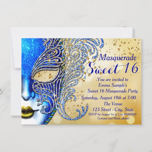 Royal Blue and Gold Sweet 16 Masquerade Party Invitation (Front)