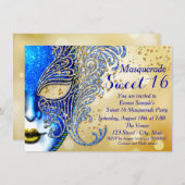 Royal Blue and Gold Sweet 16 Masquerade Party Invitation (Front/Back)
