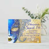 Royal Blue and Gold Sweet 16 Masquerade Party Invitation (Standing Front)