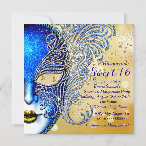 Royal Blue and Gold Sweet 16 Masquerade Party Invitation