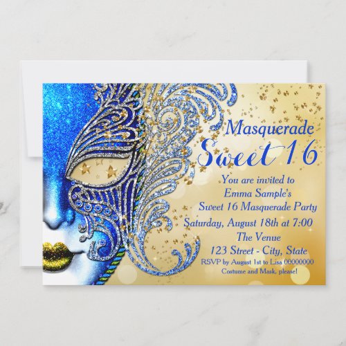 Royal Blue and Gold Sweet 16 Masquerade Party Invitation