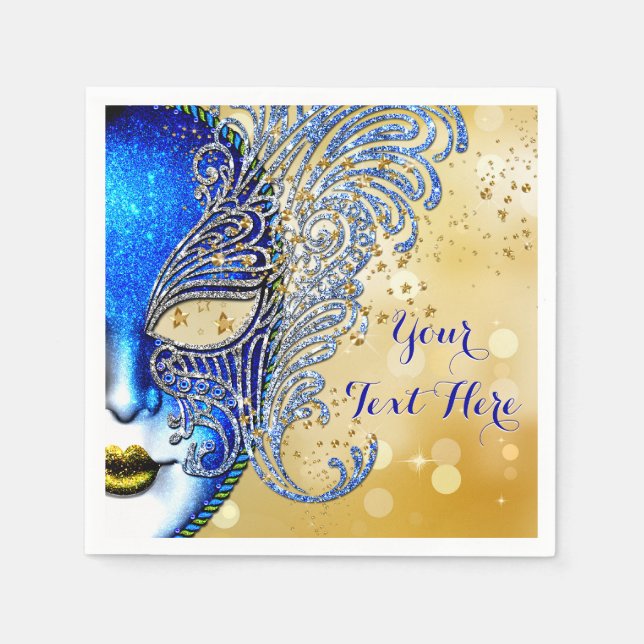 Royal Blue and Gold Sweet 16 Masquerade Party Paper Napkins (Front)