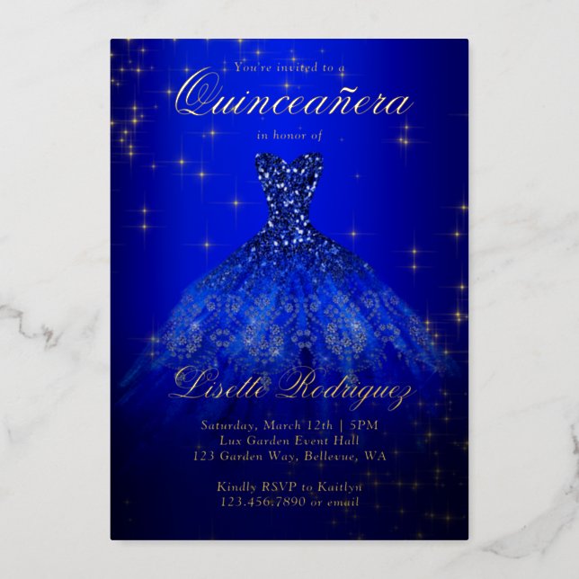Royal Blue And Gold Themed Quinceanera Real Foil Invitation (Front)