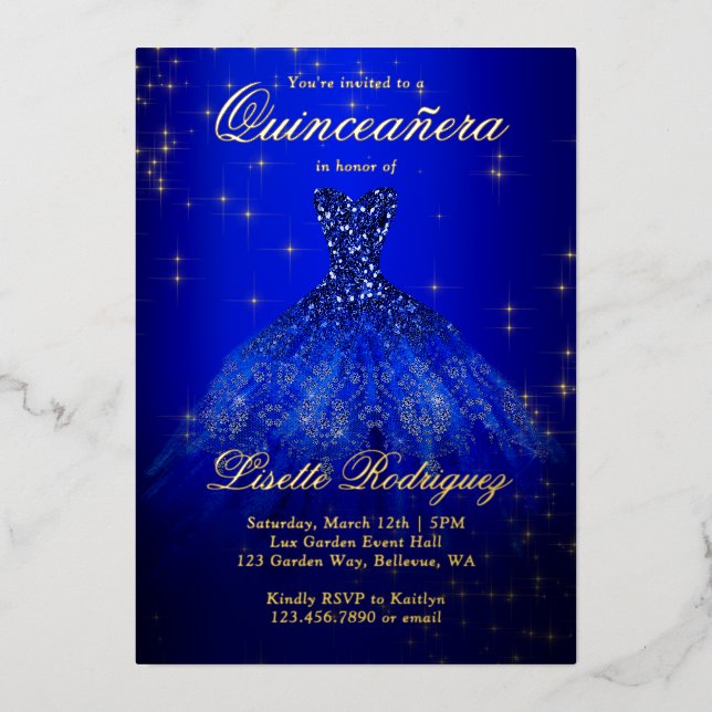 Royal Blue And Gold Themed Quinceanera Real Foil Invitation (Front)