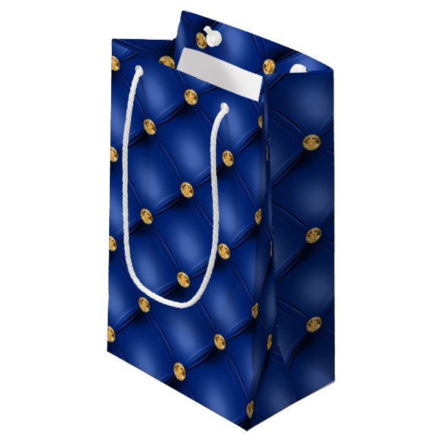 Royal Blue and Gold Tufted Small Gift Bag (Front Angled)