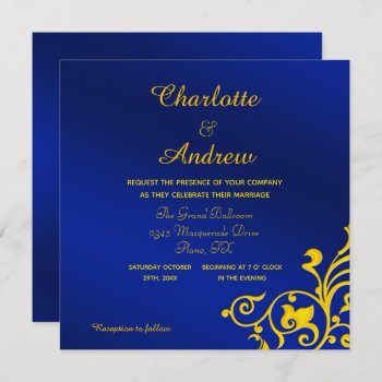 Royal Blue And Gold Wedding Invitation by capturedbyKC at Zazzle