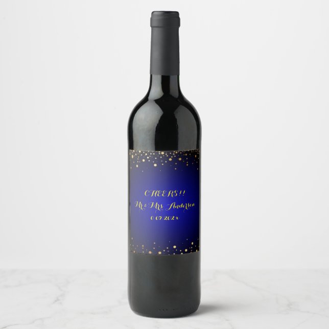 Royal Blue and Gold Wedding Invitation Wine Label (Front)