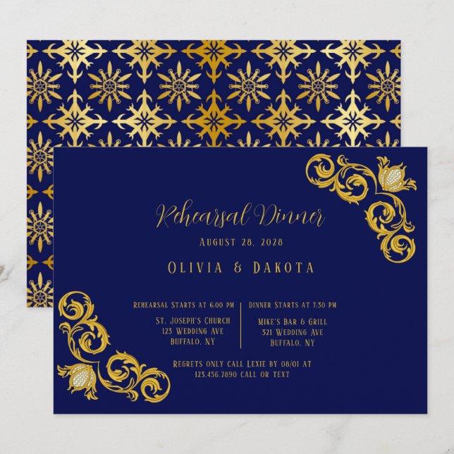 Royal Blue and Gold Wedding Rehearsal Dinner Invitation (Front/Back)