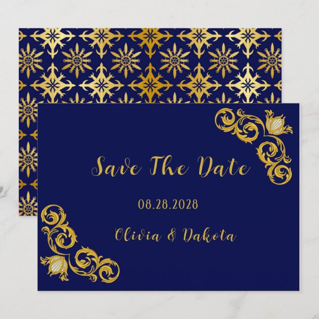 Royal Blue and Gold Wedding Save The Date Cards (Front/Back)