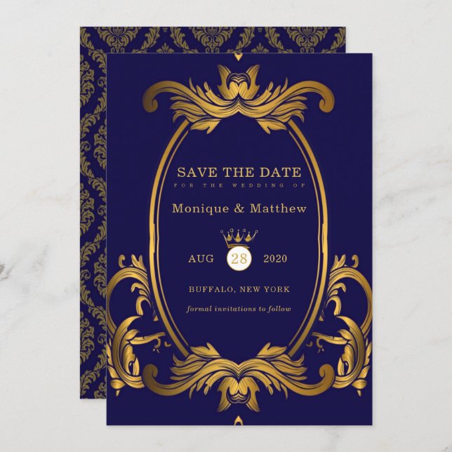 Royal Blue and Gold Wedding Save The Date Cards (Front/Back)