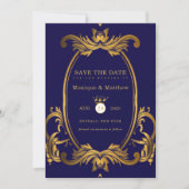 Royal Blue and Gold Wedding Save The Date Cards (Front)