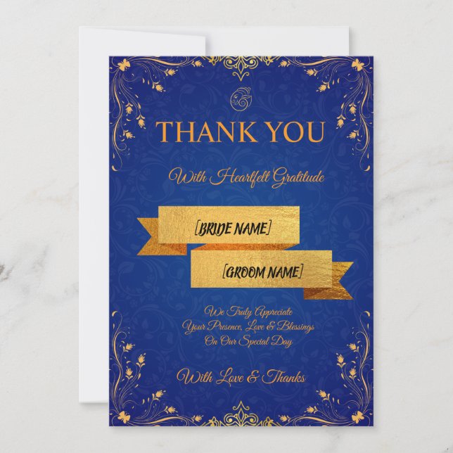 Royal Blue and Gold Wedding Thank You Card (Front)