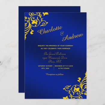 Royal Blue And Golden Yellow Floral Wedding Invitation by capturedbyKC at Zazzle