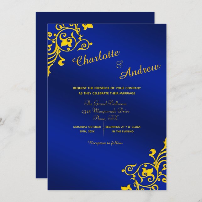 Royal Blue and Golden Yellow Floral Wedding Invitation (Front/Back)