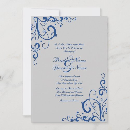 Royal Blue and Gray Flourish Wedding Invitation