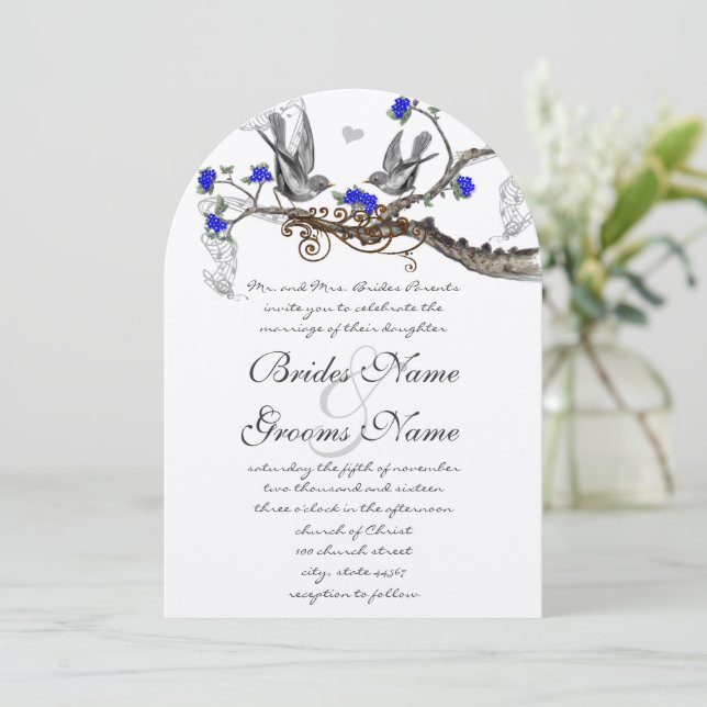 Royal Blue and Gray Vintage Birds Wedding Invite (Standing Front)