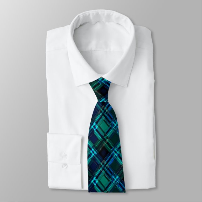 Royal blue and green tartan  neck tie (Tied)