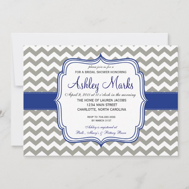 Royal Blue and Grey Chevron Invitaiton Invitation (Front)