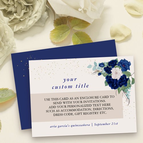 Royal Blue and Ivory Rose Custom Details Enclosure Card