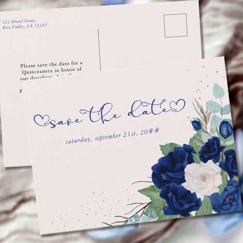 Royal Blue and Ivory Rose Floral Save the Date Announcement Postcard