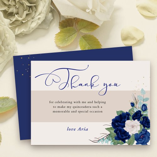Royal Blue and Ivory Roses Elegant Calligraphy Thank You Card