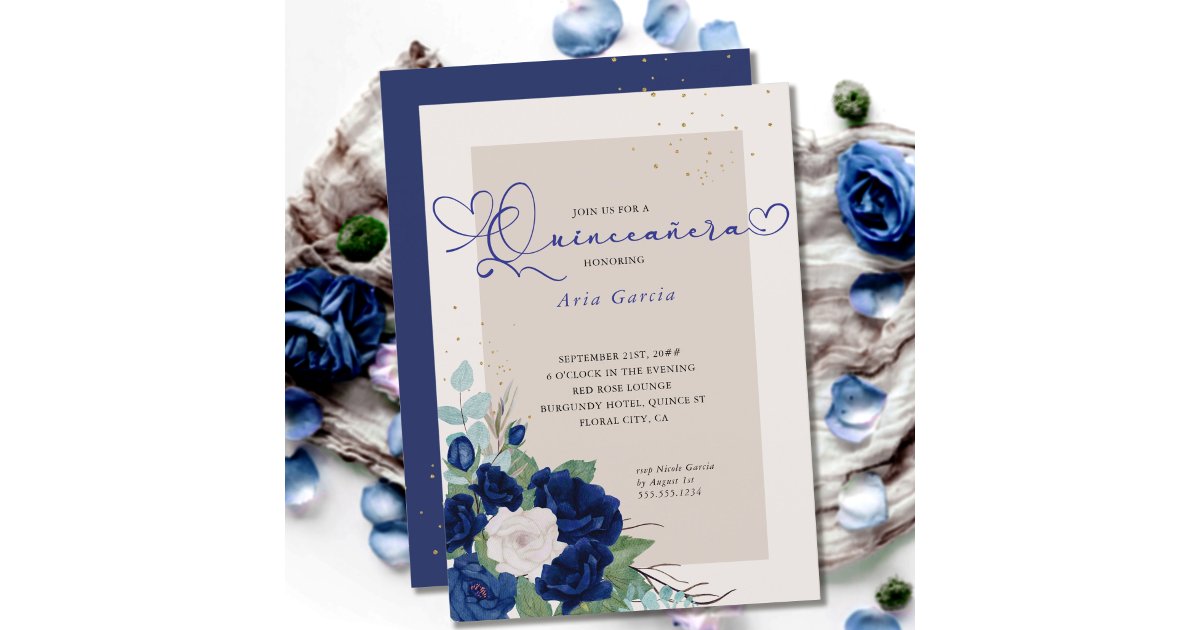 Royal Blue and Ivory Roses Elegant Quinceanera Invitation