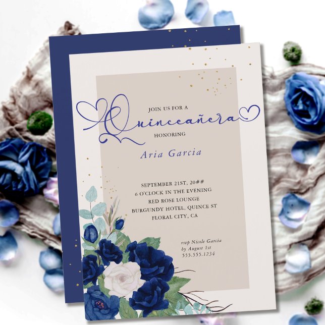 Royal Blue and Ivory Roses Elegant Quinceanera Invitation