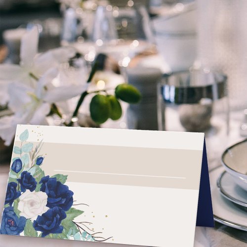 Royal Blue and Ivory Roses with Name Panel Place Card
