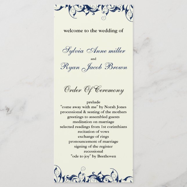 royal blue and ivory Wedding program (Front)