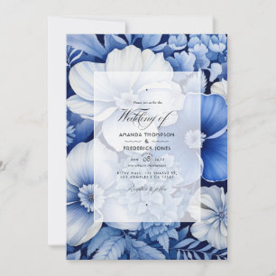 Royal Blue and Light Gray Floral Wedding Invitation