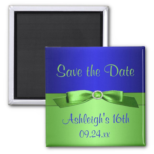 Royal Blue and Lime Green Save the Date Magnet (Front)