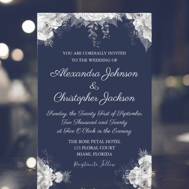 Royal Blue and Pearl White Floral Wedding Invitation (Creator Uploaded)