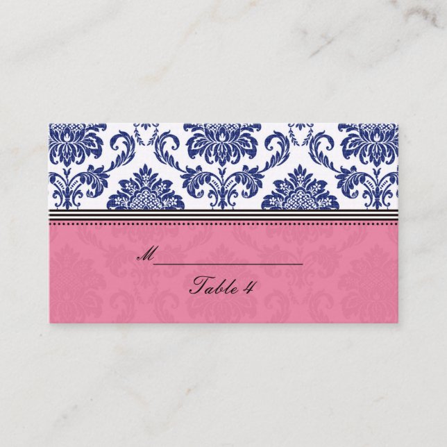 Royal Blue and Pink Damask Placecards (Front)