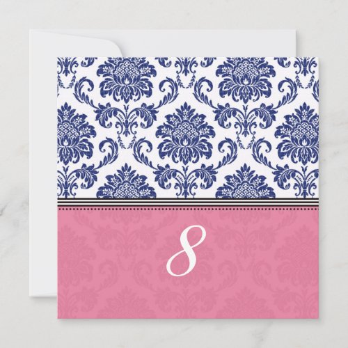 Royal Blue and Pink Damask Table Number Personalized Invites