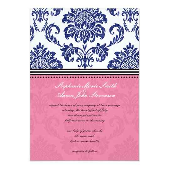 Royal Blue and Pink Damask Wedding Invitation