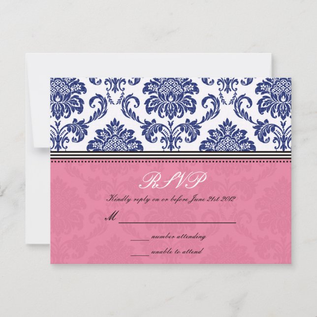 Royal Blue and Pink Damask Wedding RSVP (Front)