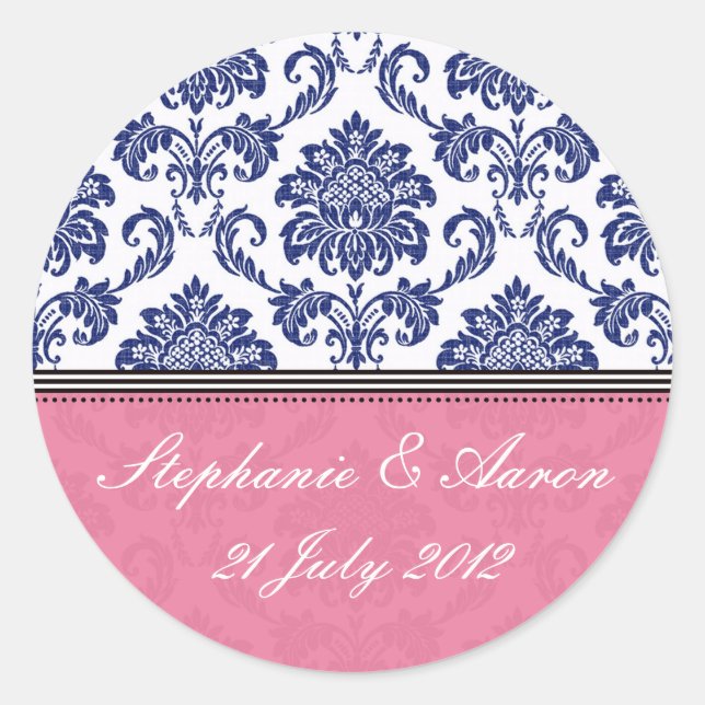 Royal Blue and Pink Damask Wedding Sticker (Front)
