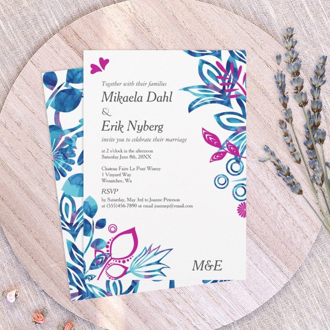 Royal Blue and Pink Floral Wedding Invitation (royal blue and magenta pink wedding invitations, blue and pink floral design)