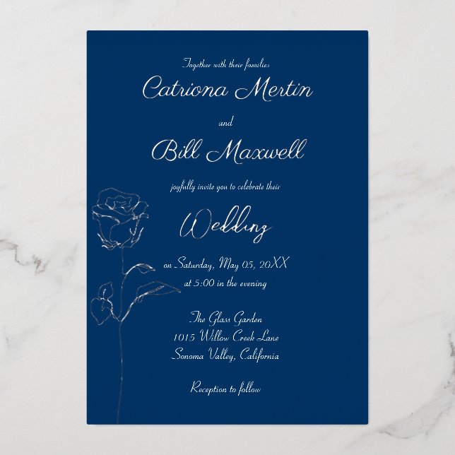 Royal Blue and Real Silver Foil Wedding Invitation Foil Invitation (Front)