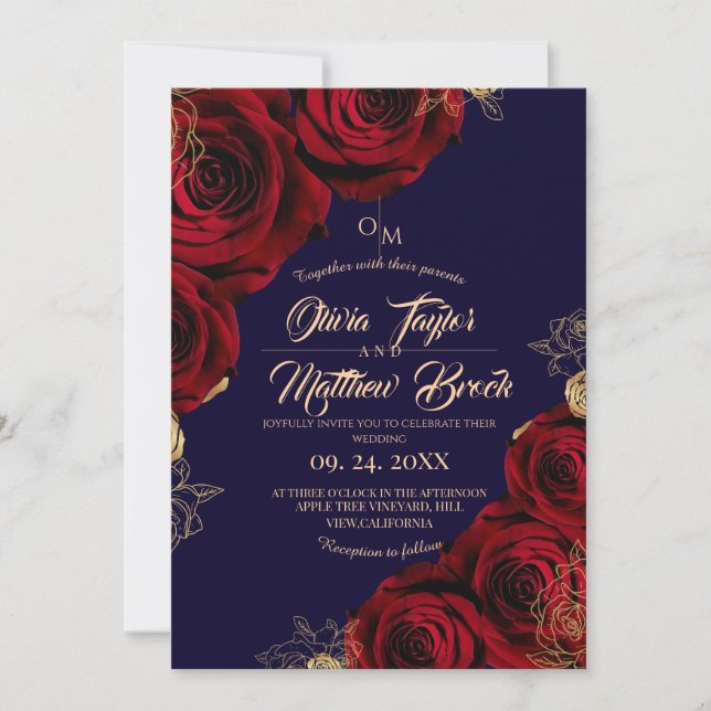 Royal Blue and Red ⎮ Burgundy Rose Flower Wedding Invitation (Front)