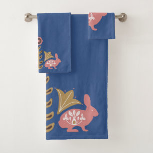 Royal Blue and Scandinavian Rabbit Bath Towel Set