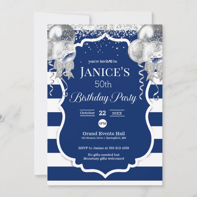 Royal Blue and Silver Balloons Birthday Invitation (Front)