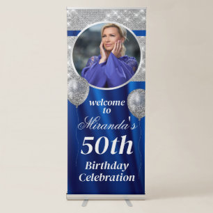 Royal Blue and Silver Birthday Retractable Banner