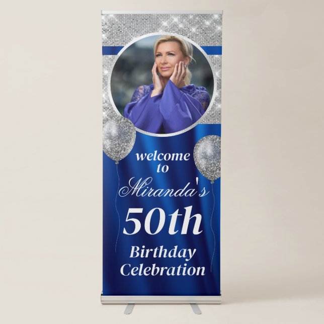Royal Blue and Silver Birthday Retractable Banner (Front)