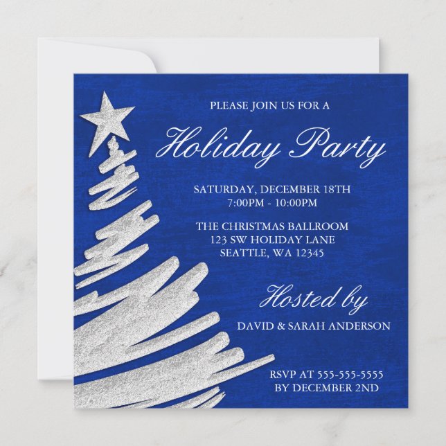 Royal Blue and Silver Christmas Tree Holiday Party Invitation (Front)