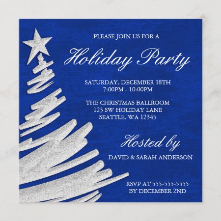 Royal Blue And Silver Christmas Tree Holiday Party Invitation