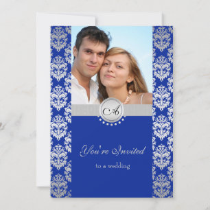 Royal Blue and Silver Damask Wedding invites