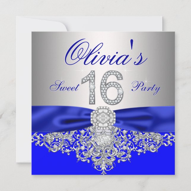 Royal Blue and Silver Diamond Sweet 16 Party Invitation (Front)