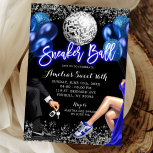 Royal Blue and Silver Disco Sneaker Ball Birthday Invitation